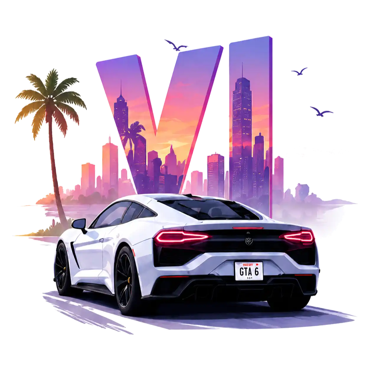 White sports car in front of a colorful tropical city skyline